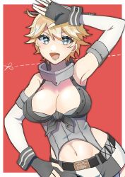 Rule 34 | 1girl, absurdres, alternate hair length, alternate hairstyle, blonde hair, blue eyes, border, breasts, commentary request, cowboy shot, fingerless gloves, front-tie top, garter straps, gloves, hand on own hip, headgear, highres, iowa (kancolle), kantai collection, large breasts, looking at viewer, miniskirt, red background, short hair, skirt, smile, solo, star-shaped pupils, star (symbol), striped legwear, symbol-shaped pupils, toriniku senshi chikinman, two-tone background, vertical-striped legwear, white border