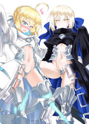 Rule 34 | 10s, 2girls, ^^^, ahoge, artoria pendragon (all), artoria pendragon (fate), black jacket, blonde hair, blue eyes, blush, braid, breasts, closed mouth, commentary request, cosplay, crotch plate, fate/extra, fate/extra ccc, fate/grand order, fate/stay night, fate (series), groin, hair between eyes, highres, jacket, juliet sleeves, long sleeves, looking at viewer, medium breasts, meltryllis (fate), meltryllis (fate) (cosplay), meltryllis (third ascension) (fate), multiple girls, navel, nose blush, open mouth, prosthesis, prosthetic leg, puffy sleeves, saber (fate), saber alter, sidelocks, simple background, sweat, ugatsu matsuki, underboob, white background, white jacket, yellow eyes