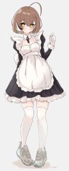 Rule 34 | 1girl, absurdres, ahoge, alternate costume, apron, braid, braided bangs, brooch, brown eyes, brown hair, earrings, fila, hair ornament, hairclip, highres, hololive, hololive english, jewelry, looking at viewer, magui3, maid, maid apron, multicolored hair, nanashi mumei, shoes, short hair, single earring, sneakers, streaked hair, thighhighs, virtual youtuber