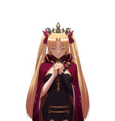 Rule 34 | 1girl, absurdres, black dress, black headwear, black nails, blonde hair, blush, breasts, cape, commentary request, dress, earrings, ereshkigal (fate), fate/grand order, fate (series), hair ribbon, own hands clasped, highres, jewelry, light blush, long hair, lulin lu ying, medium breasts, nail polish, own hands together, red cape, red ribbon, ribbon, simple background, single sleeve, skull, solo, spine, tiara, two side up, very long hair, white background