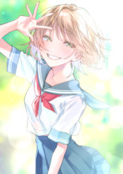 Rule 34 | 1girl, absurdres, blonde hair, blurry, blurry background, breasts, casual, commentary, green eyes, grin, highres, original, rinku (rin9), school uniform, serafuku, short hair, small breasts, smile, solo