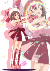 Rule 34 | 1girl, anchor, boots, bow, brown hair, commentary request, cosplay, cross-laced footwear, dress, drill hair, full body, hair bow, harukaze (kancolle), harukaze doremi, harukaze doremi (cosplay), hat, kantai collection, lace-up boots, long hair, magical girl, moke ro, multicolored clothes, name connection, ojamajo doremi, pink dress, pink footwear, pink hat, rainbow, red bow, red eyes, solo, standing, twin drills, wand, witch hat, zoom layer