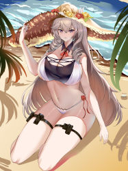 Rule 34 | 1girl, absurdres, algerie (azur lane), algerie (white sand paradise) (azur lane), algerie (white sand paradise) (azur lane), azur lane, bare legs, beach, braid, braided bangs, breasts, hand on headwear, hat, highres, large breasts, legs, lipstick, long hair, looking at viewer, makeup, navel, ocean, purple eyes, she taizi, silver hair, sitting, solo, stomach, sun hat, swimsuit, thighs, very long hair