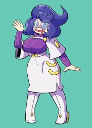 Rule 34 | 1girl, @ @, bespectacled, blue background, blush, boots, breasts, cosplay, creatures (company), drooling, full body, game freak, glasses, greliz, hand up, hex maniac (pokemon), highres, large breasts, long sleeves, looking at viewer, matching hair/eyes, nintendo, npc trainer, open mouth, pencil skirt, pink-framed eyewear, pokemon, pokemon sm, pokemon xy, purple eyes, purple hair, purple sweater, ribbed sweater, short hair, simple background, skirt, smile, solo, standing, sweater, thigh boots, thighhighs, turtleneck, turtleneck sweater, waving, white footwear, white skirt, wicke (pokemon) (cosplay)