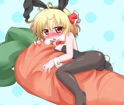 Rule 34 | 1girl, animal ears, arched back, bad id, bad pixiv id, black pantyhose, blonde hair, blush, breasts, cameltoe, carrot, detached collar, female masturbation, leotard, masturbation, oden (th-inaba), open mouth, oversized object, pantyhose, pillow sex, playboy bunny, pussy juice stain, rabbit ears, rabbit tail, red eyes, ribbon, rumia, short hair, small breasts, solo, tail, touhou, wrist cuffs