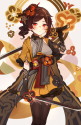 Rule 34 | 1girl, absurdres, black gloves, blush, brown hair, chiori (genshin impact), closed mouth, commentary, cowboy shot, drill hair, dual wielding, genshin impact, gloves, hair ornament, hairpin, highres, holding, holding sword, holding weapon, japanese clothes, kimono, liverpool0427, looking at viewer, obi, pantyhose, patterned background, red eyes, sash, short kimono, short sleeves, side drill, solo, sword, vision (genshin impact), weapon, wide sleeves