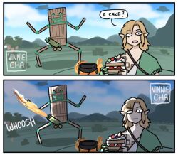 Rule 34 | 2koma, :|, archaic set (zelda), asymmetrical clothes, blue sky, body markings, cake, closed mouth, comic, cooking, flamethrower, food, gameplay mechanics, grass, green tunic, hair down, hill, holding, holding cake, holding food, icarly, link, medium hair, nintendo, phallic symbol, pointy ears, shoulder tattoo, sidelocks, single bare shoulder, sky, tattoo, the legend of zelda, the legend of zelda: tears of the kingdom, vinnie cha, weapon, zonai device