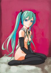 Rule 34 | 1girl, 3:, aqua hair, between breasts, black thighhighs, blue eyes, blush, bottomless, breasts, breasts out, collared shirt, detached sleeves, full body, hatsune miku, highres, looking at viewer, malcolm x (artist), necktie, necktie between breasts, nipples, no pants, open clothes, open shirt, shirt, sitting, small breasts, solo, thighhighs, v arms, vocaloid, wariza