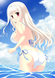 Rule 34 | 1girl, :d, ass, bikini, blonde hair, breasts, cloud, day, from behind, hairband, highres, large breasts, long hair, looking back, nora (otome70121), ocean, open mouth, original, red eyes, side-tie bikini bottom, sideboob, sky, smile, solo, swimsuit, water, white bikini
