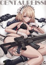 1girl absurdres aqua_eyes artist_name assault_rifle belt black_boots black_bra black_panties blonde_hair blush boots bra caiman_pool centaureissi_(girls&#039;_frontline_2) character_name closed_mouth commentary english_commentary frilled_thigh_strap g36_(girls&#039;_frontline) girls&#039;_frontline girls&#039;_frontline_2:_exilium gloves gun h&amp;k_g36 highres holding holding_gun holding_weapon lingerie looking_at_viewer lying maid_headdress medium_hair panties pouch rifle solo thigh_strap underwear undone_bra unworn_clothes weapon white_gloves