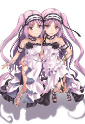 Rule 34 | 2girls, arm around waist, bare shoulders, boshi (a-ieba), bracelet, choker, commentary request, dress, euryale (fate), face-to-face, fate/grand order, fate (series), feet, hairband, hand on own hip, highres, jewelry, legs, lolita hairband, long hair, multiple girls, open mouth, purple hair, sandals, siblings, side ponytail, side slit, simple background, sisters, smile, stheno (fate), strapless, strapless dress, toes, twins, white background, white dress