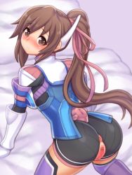 Rule 34 | 1girl, all fours, anus, ass, bed sheet, black shorts, blush, brown eyes, brown hair, censored, folks (nabokof), gloves, hair ribbon, highres, long hair, looking at viewer, mosaic censoring, pink ribbon, ponytail, purple background, purple thighhighs, pussy, ribbon, saionji reimi, shirt, short shorts, shorts, solo, star ocean, star ocean the last hope, thighhighs, torn clothes, torn shorts, white gloves