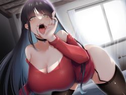 Rule 34 | 1girl, absurdres, ass, backlighting, bare shoulders, bed, black choker, black hair, black thighhighs, breasts, choker, cleavage, collarbone, commentary, enryuu (rmxs3488), fellatio gesture, forehead, garter straps, highres, huge breasts, indoors, kneeling, long sleeves, looking at viewer, mole, mole on breast, off shoulder, open mouth, original, parted bangs, red sleeves, sagging breasts, saliva, shadow, solo, spread legs, teeth, thighhighs, tongue, tongue out, upper teeth only, window, yellow eyes