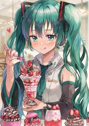 Rule 34 | 1girl, alternate nail color, aqua eyes, aqua hair, aqua necktie, bare shoulders, berry, black sleeves, blueberry, blush, character name, cherry, commentary, cup, dessert, detached sleeves, food, fruit, grey shirt, hair ornament, hatsune miku, headphones, heart, highres, holding, holding cup, holding spoon, ice cream, indoors, korean commentary, long hair, macaron, nail polish, necktie, pink nails, pinky out, saya (mychristian2), shirt, shoulder tattoo, sleeveless, sleeveless shirt, smile, solo, spoon, strawberry, sundae, sweets, tattoo, tongue, tongue out, twintails, upper body, very long hair, vocaloid