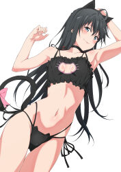 Rule 34 | 1girl, animal ears, arm up, armpits, black bra, black hair, black panties, blue eyes, blush, bow, bra, cat cutout, cat ears, cat lingerie, cat tail, cleavage cutout, closed mouth, clothing cutout, collarbone, commentary request, fake animal ears, fake tail, frilled bra, frills, hair ribbon, highres, long hair, looking at viewer, meme attire, navel, panties, pink bow, red ribbon, ribbon, shou937, side-tie panties, simple background, smile, solo, tail, tail bow, tail ornament, underwear, white background, yahari ore no seishun lovecome wa machigatteiru., yukinoshita yukino
