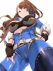 Rule 34 | 10s, 1girl, beatrix (granblue fantasy), bodysuit, breasts, brown hair, cameltoe, fingerless gloves, gloves, granblue fantasy, hand on own hip, hews, highres, long hair, looking at viewer, looking down, medium breasts, raised eyebrows, simple background, smile, solo, white background