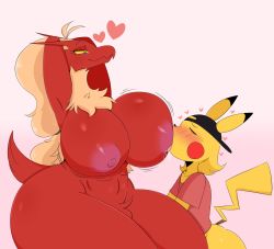 Rule 34 | 1boy, 1girl, abs, armpits, ass, blaziken, blue eyes, blush, breast sucking, breasts, colored sclera, creatures (company), game freak, gen 1 pokemon, gen 3 pokemon, grin, half-closed eyes, heart, hetero, highres, huge ass, huge breasts, jinu (jinusenpai), large breasts, muscular, muscular female, naughty face, nintendo, nipples, oral, pikachu, pokemon, pokemon (creature), pokemon rgby, pokemon rse, pubic hair, size difference, smile, tail, thick thighs, thighs, wide hips, yellow fur, yellow sclera