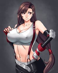 Rule 34 | 1990s (style), abs, belt, breasts, brown hair, covered erect nipples, devil-v, earrings, final fantasy, final fantasy vii, fingerless gloves, gloves, gradient background, highres, jewelry, large breasts, midriff, navel, red eyes, retro artstyle, simple background, skirt, smile, suspenders, tank top, tifa lockhart
