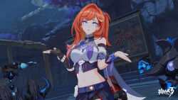 Rule 34 | 1girl, bare shoulders, black gloves, blue eyes, blue hairband, breasts, chinese commentary, colored inner hair, furrowed brow, gloves, hairband, highres, honkai (series), honkai impact 3rd, large breasts, logo, long hair, midriff, multicolored hair, navel, night, official art, official wallpaper, outdoors, red eyes, red hair, senadina (honkai impact), shrugging, solo, tree