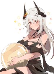 Rule 34 | 1girl, arknights, arm strap, ball, beachball, bikini, black bikini, black collar, black ribbon, breasts, cleavage, collar, cowboy shot, dated commentary, floral background, flower, grey hair, hair between eyes, hair flower, hair ornament, highres, holding, holding ball, holding beachball, infection monitor (arknights), jewelry, kyou 039, long hair, looking at viewer, medium breasts, mudrock (arknights), mudrock (silent night) (arknights), necklace, official alternate costume, orange flower, pointy ears, red eyes, ribbon, sidelocks, simple background, sitting, solo, swimsuit, twitter username, white background, yellow flower