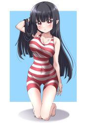 Rule 34 | 1girl, atre, black hair, blush, breasts, cleavage, collarbone, covered navel, highres, jashin-chan dropkick, large breasts, long hair, looking at viewer, one-piece swimsuit, open mouth, pointy ears, red eyes, satom, simple background, solo, striped clothes, striped one-piece swimsuit, swimsuit