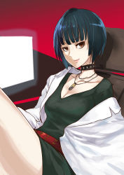 Rule 34 | 10s, 1girl, absurdres, ao (aocooler), black hair, breasts, brown eyes, choker, cleavage, collarbone, commentary request, highres, jewelry, lab coat, looking at viewer, necklace, persona, persona 5, short hair, sitting, smile, solo, takemi tae