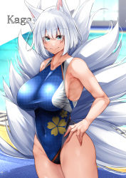 Rule 34 | 1girl, animal ears, azur lane, blue eyes, blue one-piece swimsuit, breasts, character name, competition swimsuit, covered navel, cowboy shot, day, floral print, fox ears, fox girl, fox tail, hand on own hip, highleg, highres, indoors, kaga (azur lane), kitsune, kyuubi, large breasts, looking at viewer, multiple tails, one-piece swimsuit, oriue wato, pool, smile, solo, swimsuit, tail, water, white hair, white tail, window