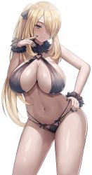 Rule 34 | 1girl, alternate breast size, alternate hairstyle, bikini, black bikini, black nails, blonde hair, breasts, closed mouth, contrapposto, cowboy shot, creatures (company), cynthia (pokemon), fur collar, fur cuffs, game freak, grey eyes, hair ornament, hair over one eye, hand on own hip, highres, jasony, large breasts, long hair, looking at viewer, nail polish, navel, nintendo, pokemon, pokemon dppt, ponytail, sidelocks, simple background, smile, solo, swimsuit, very long hair, white background, wrist cuffs