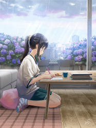 Rule 34 | 1girl, black hair, blue shorts, building, chair, cityscape, closed mouth, cloud, cloudy sky, couch, cup, flower, highres, holding, holding pencil, hydrangea, indoors, kazuharu kina, long hair, looking down, notebook, orange scrunchie, original, pencil, ponytail, purple flower, rain, red eyes, scenery, scrunchie, shirt, short sleeves, shorts, sitting, sky, socks, solo, striped clothes, striped socks, t-shirt, table, wariza, white shirt, window, writing