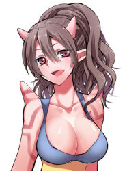 Rule 34 | 1girl, breasts, brown hair, cleavage, colored skin, dragon quest, dragon quest x, emappo, horns, large breasts, long hair, monster girl, ogre (dq10), pointy ears, red eyes, red skin, solo, spikes, tattoo