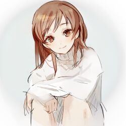 1girl brown_eyes brown_hair closed_mouth grey_background knees_up long_hair long_sleeves looking_at_viewer lowres original otohime_(kk23maa) simple_background sitting smile solo sweater upper_body white_sweater