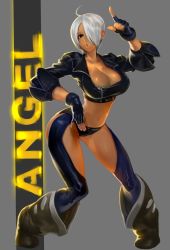 Rule 34 | 1girl, abs, ahoge, angel (kof), armpits, bare shoulders, belt, black panties, blue eyes, bra, breasts, chaps, character name, cleavage, collarbone, cropped jacket, female focus, fingerless gloves, gloves, grin, hair over one eye, hand on own hip, jacket, jintetsu, large breasts, legs, lips, midriff, muscular, navel, open clothes, open jacket, open shirt, panties, panty pull, shirt, short hair, simple background, smile, snk, solo, standing, the king of fighters, toned, underwear, white hair, wide hips