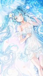 Rule 34 | 1girl, artist name, bare arms, blue eyes, blue hair, blue nails, blush, breasts, collarbone, commentary, conch, dress, english commentary, flower, hair between eyes, hair flower, hair ornament, haruri, hatsune miku, highres, holding, long hair, lying, nail polish, on back, parted lips, seashell, shell, signature, sleeveless, sleeveless dress, small breasts, smile, solo, starfish hair ornament, strapless, strapless dress, twintails, very long hair, vocaloid, white dress, white flower
