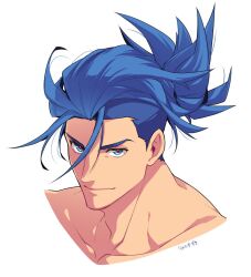 Rule 34 | 1boy, alternate hairstyle, blue eyes, blue hair, closed mouth, cropped shoulders, galo thymos, hair between eyes, male focus, promare, red pupils, short ponytail, signature, simple background, smile, solo, takatsuki ichi, white background