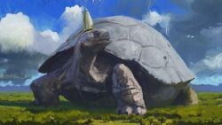 Rule 34 | 1other, animal, blue sky, cloud, day, elden ring, hat, highres, miriel pastor of vows, mitre, no humans, outdoors, oversized animal, painterly, rythayze, sky, solo, tree, turtle, white hat