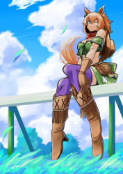 Rule 34 | 1girl, ;), animal ears, armband, bandana, bare shoulders, blue eyes, blue sky, boots, brown footwear, brown gloves, brown hair, brown hat, cloud, commentary, crop top, day, front-tie top, gloves, green armband, green shirt, green skirt, gun, hair between eyes, handgun, hat, hat on back, high heel boots, high heels, holster, horse ears, looking at viewer, maharu66, midriff, miniskirt, off-shoulder shirt, off shoulder, one eye closed, ponytail, purple thighhighs, revolver, shirt, short hair, short sleeves, sitting, skirt, skirt set, sky, smile, solo, stomach, taiki shuttle (umamusume), thighhighs, umamusume, weapon