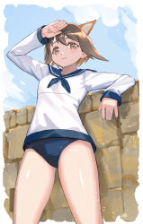 Rule 34 | 1girl, 501st joint fighter wing, against wall, animal ears, blue sailor collar, brave witches, brick wall, brown eyes, brown hair, closed mouth, cloud, cowboy shot, day, dog ears, dog girl, extra ears, from below, hair between eyes, hand up, long sleeves, looking afar, miyafuji yoshika, no pants, outdoors, sailor collar, school swimsuit, school uniform, short hair, sky, smile, solo, standing, strike witches, swimsuit, swimsuit under clothes, uniform, world witches series, yugen99