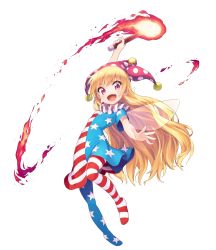 Rule 34 | american flag dress, american flag legwear, arm up, blonde hair, clownpiece, commentary request, dress, fairy wings, fire, full body, hat, highres, holding, holding torch, jester cap, long hair, looking at viewer, neck ruff, no shoes, open mouth, outstretched arm, pantyhose, pink eyes, pink hat, polka dot, short dress, short sleeves, smile, solo, star (symbol), star print, striped, tamanaga haru, torch, touhou, transparent background, transparent wings, very long hair, wings