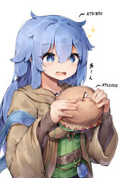 Rule 34 | 1girl, blue eyes, blue hair, breasts, burger, duel monster, eria (yu-gi-oh!), familiar-possessed - eria, food, hair between eyes, highres, holding, holding burger, holding food, hungry burger, japanese flag, long hair, long sleeves, mini flag, open clothes, open mouth, ribbed sweater, robe, se-u-ra, smile, sweater, wide sleeves, yu-gi-oh!