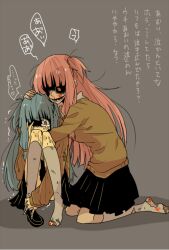 Rule 34 | 2girls, alternate costume, bandaged fingers, bandages, black sclera, black skirt, bleeding, blood, blood on face, bloody tears, blue hair, brown sweater, colored sclera, comforting, commentary request, crying, crying with eyes open, forced hug, gonzui (fukazume), grey background, grey socks, hug, kneehighs, knees to chest, knees up, kotonoha akane, kotonoha aoi, loafers, long hair, long sleeves, multiple girls, nosebleed, one side up, open mouth, pink hair, pleated skirt, red eyes, scared, shaded face, shoes, siblings, simple background, single shoe, sisters, skirt, smile, socks, speech bubble, sweater, tears, torn clothes, torn socks, translation request, trembling, voiceroid, wide-eyed, zombie