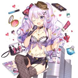 Rule 34 | 1girl, bag, black thighhighs, blush, bow, bracelet, breasts, cellphone, choker, cleavage, cross, crossed legs, fang, garter straps, hair bow, hair ornament, hairclip, handbag, hat, heart, holding, holding microphone, jewelry, light purple hair, long hair, looking at viewer, magazine (object), makeup, microphone, miss barbara, multicolored hair, navel, necklace, official art, one eye closed, open mouth, perfume (cosmetics), phone, pink hair, pointy ears, purple eyes, side slit, solo, streaked hair, thighhighs, transparent background, twintails, two-tone hair, uchi no hime-sama ga ichiban kawaii