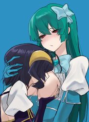 Rule 34 | 2girls, areola slip, black hair, black nails, blue background, blue hair, blush, breast sucking, breasts, breasts out, commentary, demon horns, english commentary, grabbing, grabbing another&#039;s breast, green hair, hair ornament, hand on another&#039;s head, highres, hiiragi utena, horns, long hair, looking at another, looking down, magia azure, magia baiser, mahou shoujo ni akogarete, medium breasts, minakami sayo, multiple girls, red eyes, short hair, simple background, ulette, yuri