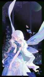 Rule 34 | 1girl, animal, bare shoulders, blush, bug, cirrika, closed eyes, collarbone, dress, eyelashes, flower, highres, holding, holding flower, holding plant, insect, insect wings, light particles, long eyelashes, long hair, moon, moth, moth wings, night, night sky, original, plant, sky, very long hair, white dress, white flower, white hair, wings