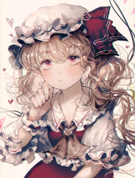 Rule 34 | 1girl, ascot, cat earrings, commentary request, drop earrings, earrings, expressionless, fingernails, flandre scarlet, hair between eyes, hand on own cheek, hand on own face, hat, hat ribbon, heart, highres, jewelry, looking at viewer, majamari, mob cap, nail polish, one side up, pink background, puffy short sleeves, puffy sleeves, red eyes, red skirt, red vest, ribbon, shirt, short sleeves, simple background, sitting, sketch, skirt, solo, touhou, upper body, vest, white hat, white shirt, wings, wrist cuffs, yellow ascot