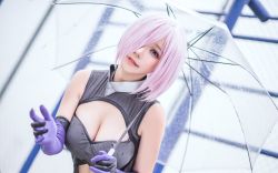 Rule 34 | 1girl, asian, bare shoulders, blue eyes, breasts, chinese (nationality), cleavage, cosplay, elbow gloves, fate/grand order, fate (series), gloves, hair over one eye, looking at viewer, mash kyrielight, medium breasts, navel, photo (medium), pink hair, short hair, solo, takomayuyi