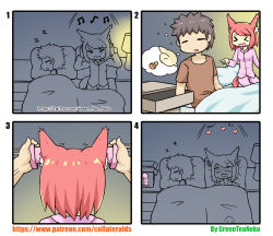 Rule 34 | &gt; &lt;, 1boy, 1girl, 4koma, absurdres, animal ear fluff, animal ears, artist name, bad id, bad pixiv id, beamed eighth notes, bed, blush, box, breasts, brown hair, brown shirt, bulge, cardboard box, cat ears, cat girl, cat tail, closed eyes, collared shirt, comic, commentary, covering own ears, dildo, dress shirt, drooling, ear insertion, earplugs, eighth note, erection, greenteaneko, heart, highres, lamp, long sleeves, lying, mouth drool, musical note, nightstand, nose blush, on back, on side, open mouth, original, pajamas, pants, parted lips, pillow, pink pajamas, pink pants, pink shirt, pointing, profile, red hair, sex toy, shirt, short hair, short sleeves, silent comic, sleeping, small breasts, speed lines, square 4koma, tail, trap, uncommon stimulation, under covers, v-shaped eyebrows, watermark, web address, zzz