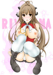 Rule 34 | 10s, 1girl, amagi brilliant park, antenna hair, blush, boots, bow, breasts, breasts out, brown eyes, brown hair, cameltoe, cleavage, cleft of venus, hair bow, large breasts, long hair, looking at viewer, nipples, open mouth, panties, ponytail, sento isuzu, sitting, solo, thighhighs, underwear, uniform, white panties, white thighhighs, yajima index