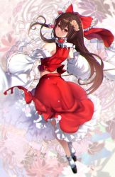 Rule 34 | 1girl, arched back, arms up, ass, bad id, bad twitter id, bare shoulders, black footwear, blush, bow, brown eyes, brown hair, closed mouth, detached sleeves, floral background, flower, frilled bow, frilled shirt collar, frilled skirt, frills, from behind, full body, geta, gohei, hair between eyes, hair bow, hair flower, hair ornament, hair tubes, hakurei reimu, highres, holding, japanese clothes, long hair, long skirt, long sleeves, looking at viewer, miko, pink flower, red bow, red eyes, red shirt, red skirt, ribbon-trimmed sleeves, ribbon trim, shirt, shoes, sidelocks, skirt, smile, socks, solo, touhou, untue, very long hair, white socks, wide sleeves