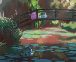 Rule 34 | black eyes, bridge, closed mouth, commentary request, creatures (company), day, eye contact, frogjem, game freak, gen 1 pokemon, gen 3 pokemon, highres, jigglypuff, light rays, lily pad, looking at another, lotad, nintendo, no humans, oddish, outdoors, pokemon, pokemon (creature), pond, red eyes, water
