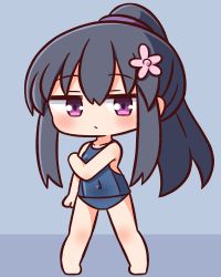 Rule 34 | 1girl, bare arms, bare legs, bare shoulders, barefoot, black hair, blue background, blue one-piece swimsuit, blush, closed mouth, collarbone, commentary request, covered navel, flower, full body, hair between eyes, hair flower, hair ornament, hana kazari, highres, long hair, looking at viewer, old school swimsuit, one-piece swimsuit, pink flower, ponytail, purple eyes, school swimsuit, shirosaki hana, sidelocks, solo, standing, swimsuit, very long hair, watashi ni tenshi ga maiorita!